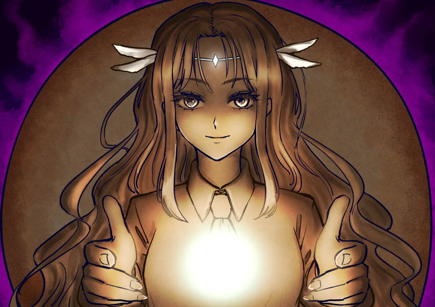 1girl, ascot, blonde_hair, closed_mouth, collared_shirt, energy_ball, eyelashes, feather_hair_ornament