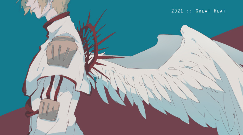 1boy, 2021, angel_wings, archangel_(baroque), baroque_(series), blonde_hair, blue_background, capelet