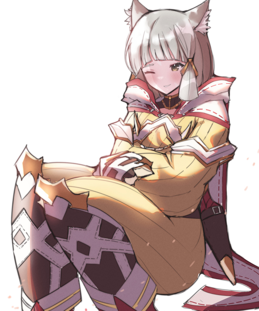 1girl, animal_ear_fluff, animal_ears, blush, brown_eyes, feet_out_of_frame, grey_hair, highres