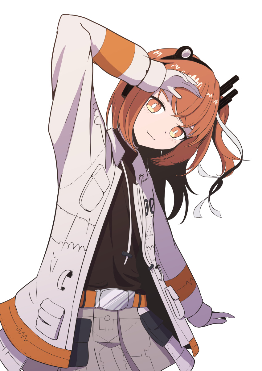 1girl, a.i._voice, absurdres, adachi_rei, arm_up, belt, black_shirt, breast_pocket, bright_pupils, brown_hair, closed_mouth, cowboy_shot, gloves, hairband, hand_on_own_forehead, head_tilt, highres, jacket, light_smile, long_sleeves, looking_at_viewer, medium_hair, misho39, one_side_up, orange_eyes, pocket, shirt, simple_background, skirt, solo, utau, white_background, white_gloves, white_jacket, white_pupils