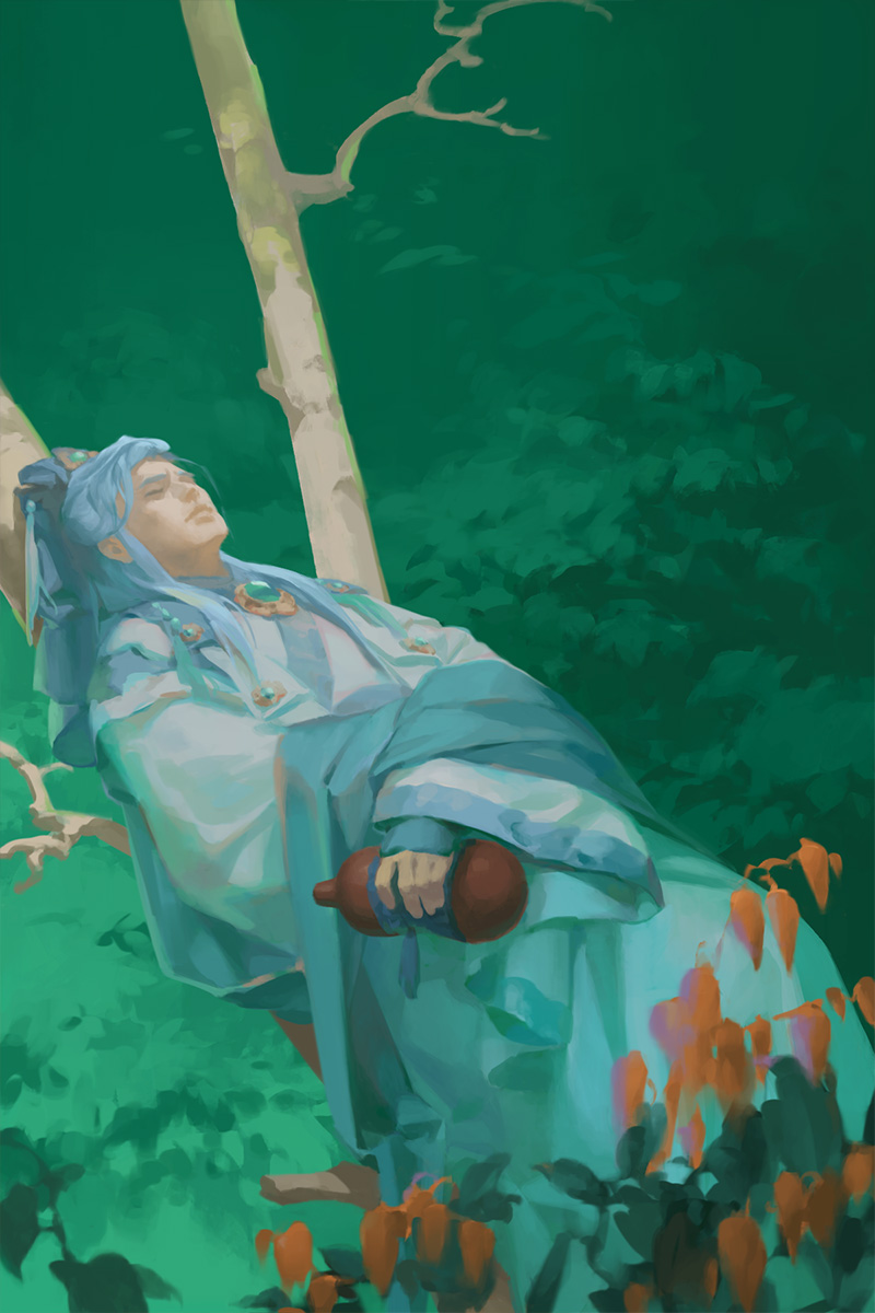 1boy, blue_gemstone, blue_hair, blue_kimono, branch, chinese_commentary, closed_eyes, closed_mouth, facing_up, gem, golden_light_puppet_show, gourd, highres, holding_gourd, japanese_clothes, jewelry, jinguang_budaixi, kimono, leaf, long_hair, long_sleeves, lying, lying_on_branch, male_focus, mou-s, on_back, outdoors, pendant, plant, qiluosheng, sidelocks, solo, water, wide_sleeves
