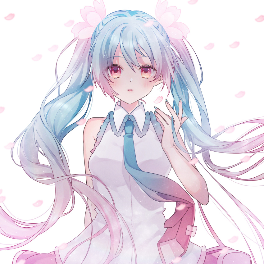 1girl, absurdres, bare_arms, blue_hair, blue_nails, blue_necktie, breasts, cherry_blossoms