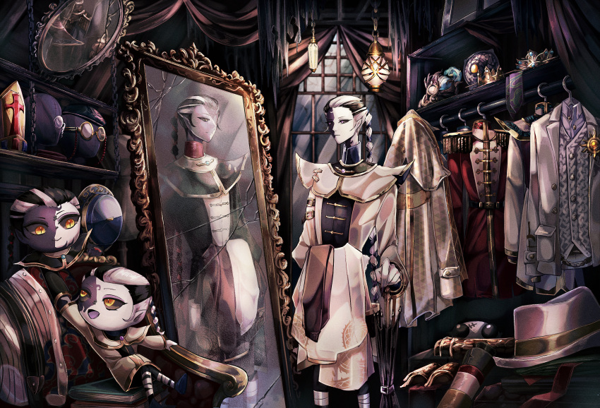 3boys, black_hair, black_jacket, black_pants, black_sclera, black_skin, book, book_stack, braid, braided_ponytail, broken_mirror, chibi, chinese_clothes, closed_mouth, closed_umbrella, closet, clothes_hanger, colored_sclera, colored_skin, crown, curtains, different_reflection, expressionless, fan_wujiu, fedora, feet_out_of_frame, fingernails, full-length_mirror, gold_trim, grey_skin, hair_pulled_back, hanging_light, hat, highres, holding, holding_clothes, holding_umbrella, identity_v, indoors, jacket, kino_(uni_sk38), long_hair, long_sleeves, looking_at_mirror, male_focus, mannequin, mini_fan, mini_xie, mirror, mitre, multicolored_hair, multicolored_skin, multiple_boys, necktie, oil-paper_umbrella, pants, parted_lips, pointy_ears, reflection, sharp_fingernails, shelf, single_braid, smile, standing, streaked_hair, tangzhuang, two-tone_skin, umbrella, unworn_clothes, unworn_eyewear, unworn_hat, unworn_headwear, unworn_jacket, unworn_necktie, violet_eyes, white_hair, white_jacket, white_skin, window, xie_bian, yellow_eyes