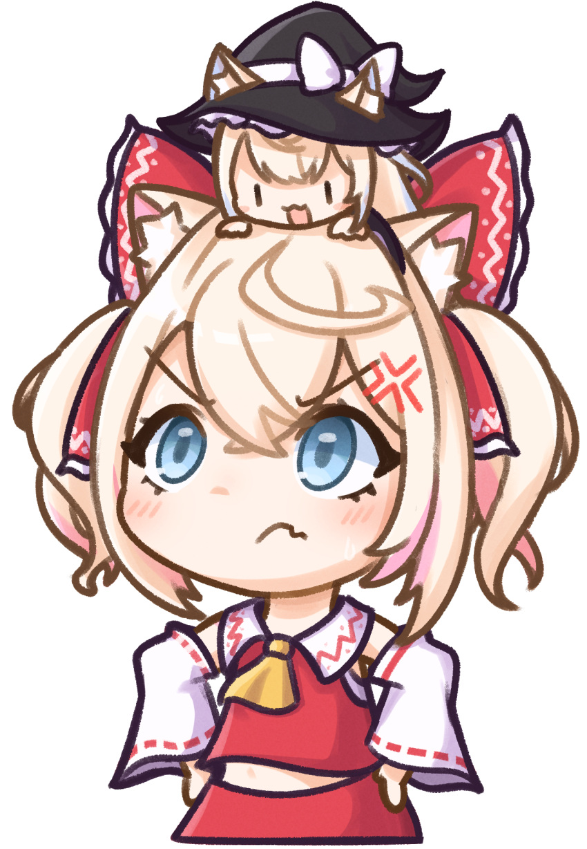 >:(, 2girls, anger_vein, animal_ears, ascot, blonde_hair, blue_eyes, bow