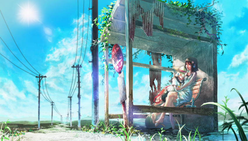 bag, barefoot, bench, black_hair, blonde_hair, blue_eyes, bus_stop, closed_eyes