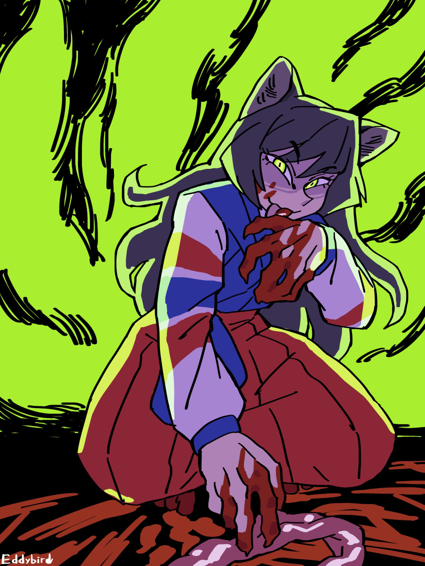 1girl, absurdres, animal_ears, artist_name, black_hair, blood, blood_on_face, blood_on_hands