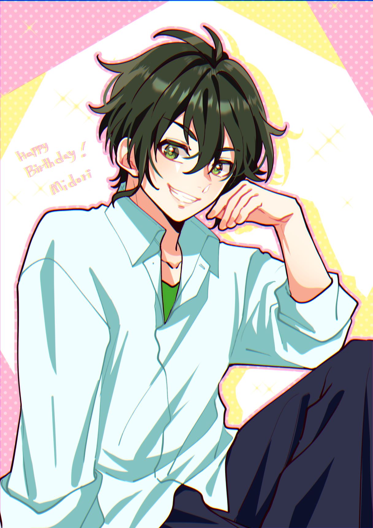 1boy, black_hair, black_pants, character_name, collarbone, collared_shirt, commentary, drop_shadow