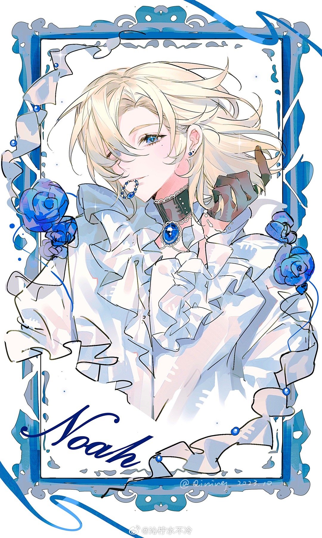 1boy, bead_bracelet, beads, bishounen, black_choker, black_gloves, blonde_hair, blue_eyes, blue_flower, blue_gemstone, blue_ribbon, blue_rose, blue_theme, bracelet, buttons, character_name, character_request, chest_jewel, chinese_commentary, choker, closed_mouth, commentary_request, copyright_request, earrings, eyelashes, eyes_visible_through_hair, floating_hair, flower, frilled_shirt_collar, frilled_sleeves, frills, gem, gloves, hair_over_one_eye, hand_in_own_hair, highres, holding, holding_bracelet, jewelry, lace-trimmed_choker, lace_trim, light_blush, light_smile, long_sleeves, looking_at_viewer, male_focus, medium_hair, mole, mole_under_eye, mouth_hold, picture_frame, qin_ningshui_buleng, ribbon, rose, shirt, simple_background, solo, stud_earrings, upper_body, watermark, weibo_logo, weibo_username, white_background, white_shirt, white_sleeves