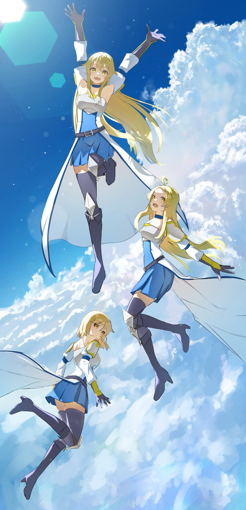3girls, above_clouds, absurdres, ahoge, arms_up, belt, blonde_hair, blue_choker