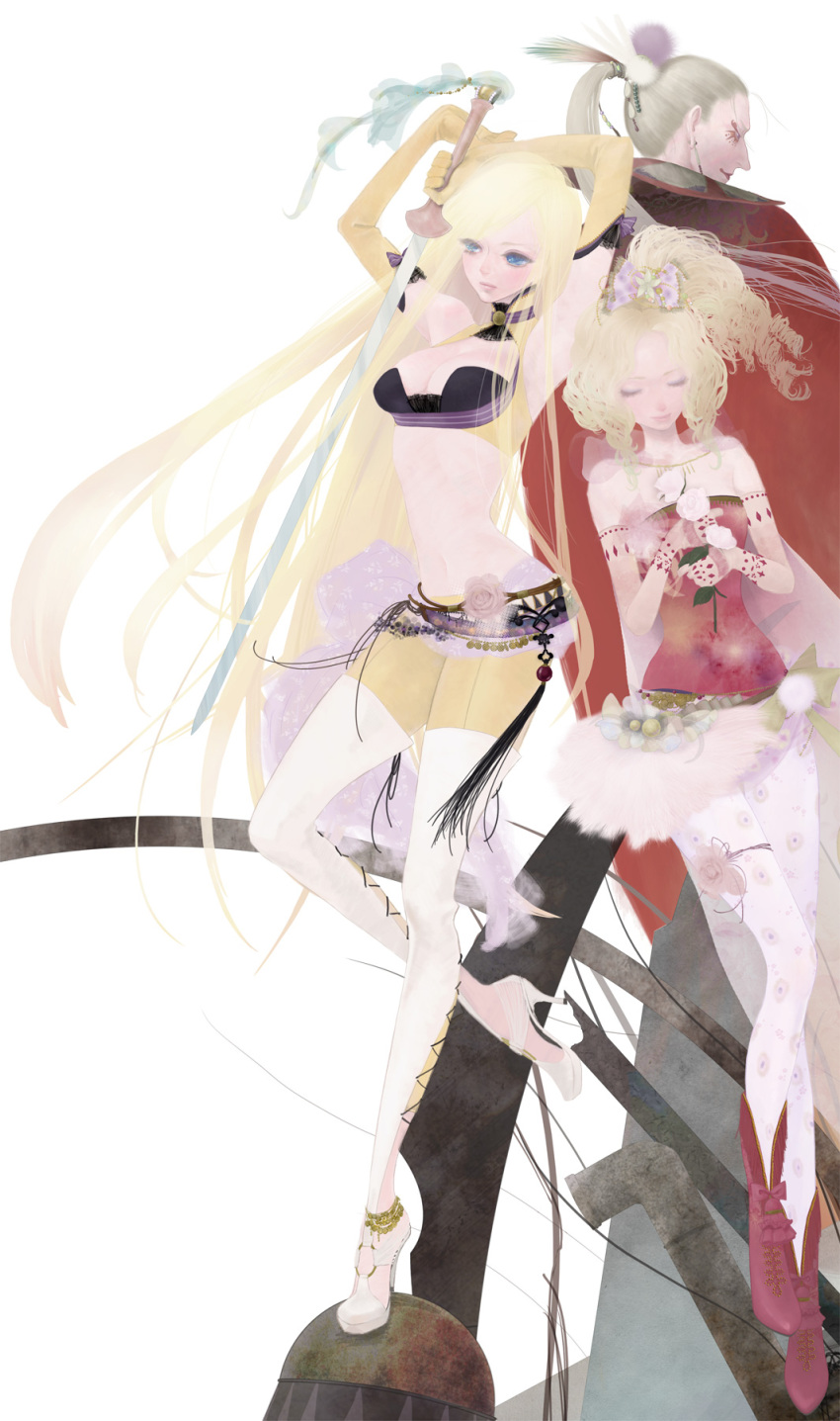 blonde_hair, blue_eyes, boots, cape, cefca_palazzo, celes_chere, closed_eyes, earrings