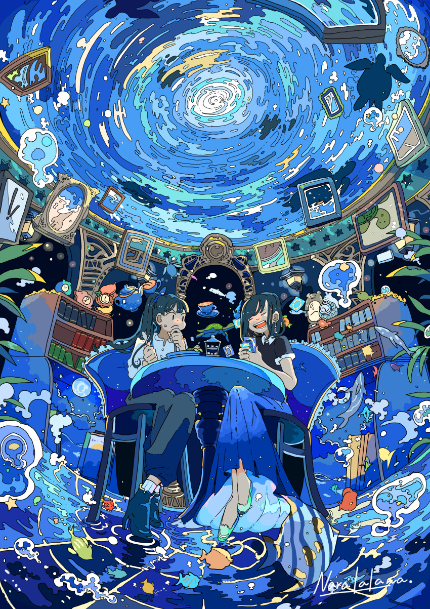 2girls, absurdres, air_bubble, animal, blue_hair, blue_skirt, blue_theme, book, bookshelf, bubble, card, chair, clock, closed_mouth, collared_shirt, commentary_request, cup, earrings, fish, floating, frown, high_heels, highres, holding, jewelry, long_hair, long_sleeves, mirror, multiple_girls, nara_lalana, ocean, open_mouth, original, pants, picture_frame, playing_card, scenery, sea_turtle, shirt, shoes, short_sleeves, signature, sitting, skirt, smile, solid_oval_eyes, star_(symbol), surreal, table, tea, teacup, teapot, turtle, underwater, underwater_house, water, whirlpool, white_shirt, wide_shot
