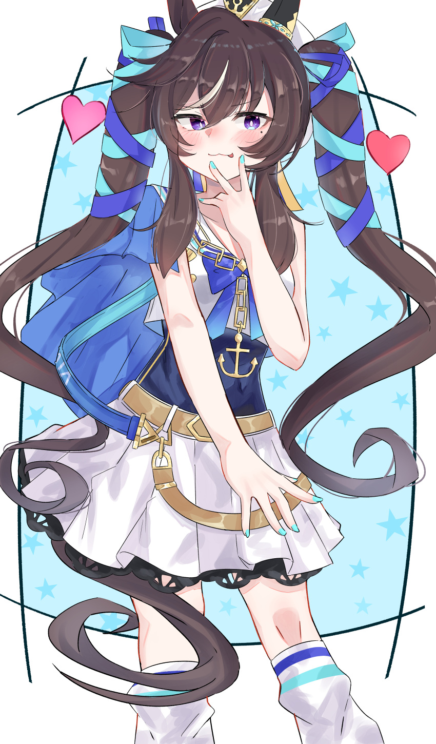 1girl, :3, :p, absurdres, animal_ears, blue_ribbon, blush, brown_hair