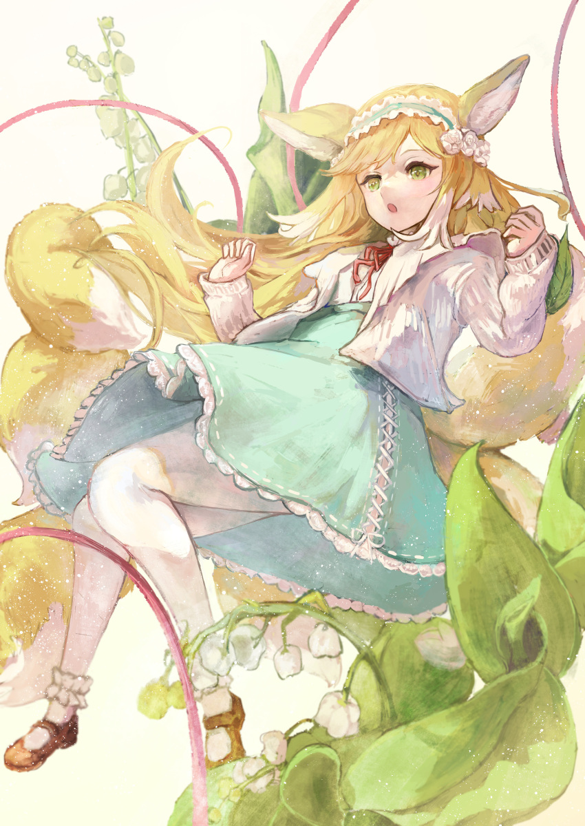 1girl, absurdres, animal_ears, arknights, blonde_hair, blue_hairband, blue_skirt, brown_footwear