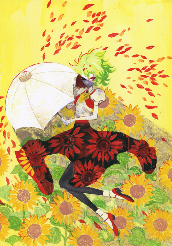 flower, green_hair, jumping, kazami_yuuka, mary_janes, noromi, pantyhose, petals