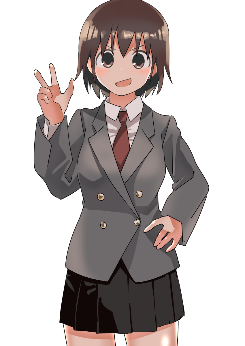 1girl, absurdres, black_skirt, blazer, brown_eyes, brown_hair, collared_shirt, commentary_request