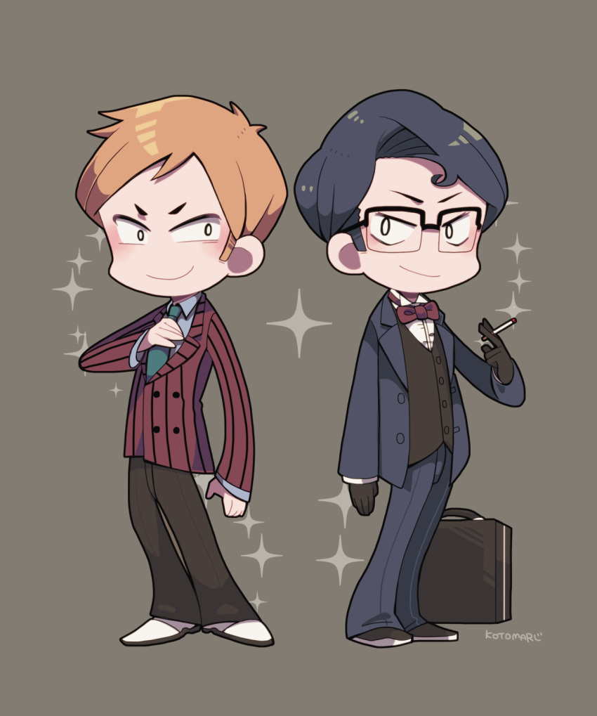 2boys, adjusting_clothes, adjusting_necktie, arm_at_side, black_gloves, black_hair, black_pants, black_vest