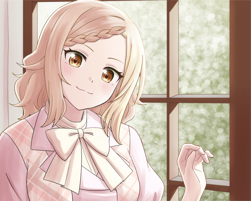 1girl, alternate_hairstyle, blonde_hair, blush, bow, bowtie, closed_mouth, dress