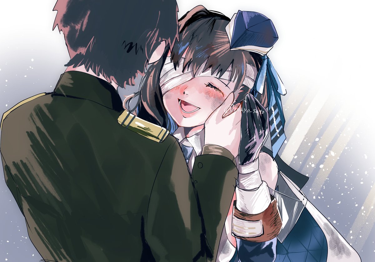 1boy, 1girl, :d, bandage_over_one_eye, bandaged_head, bandages, black_gloves, blue_headwear