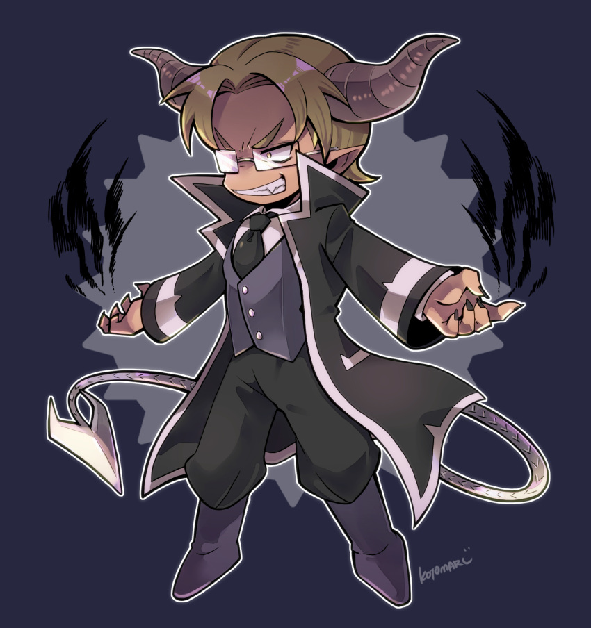 1boy, black_coat, black_necktie, black_pants, blue_background, brown_hair, coat, collared_shirt