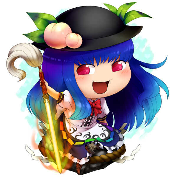 cha_kuro_(limo), chamata_nichikuro, chibi, food, fruit, hat, hinanawi_tenshi, keystone