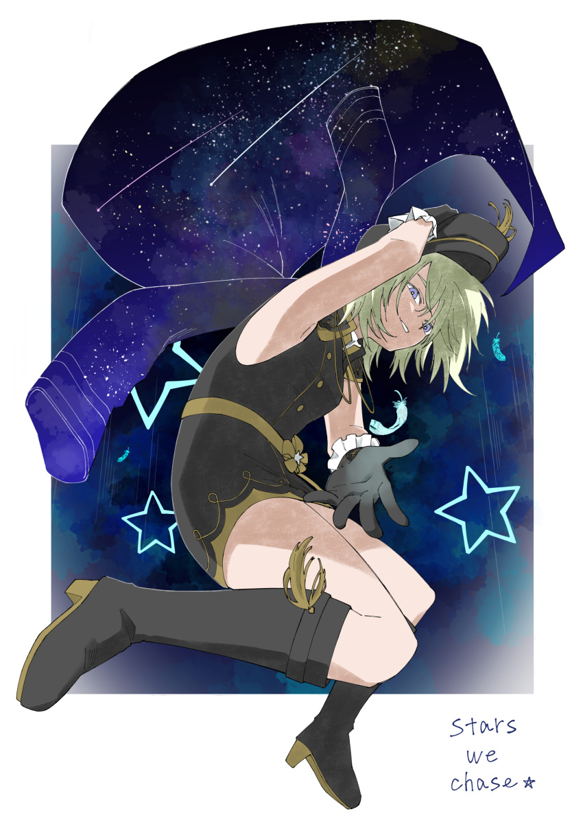 1girl, absurdres, beret, black_dress, black_footwear, black_gloves, black_headwear, blonde_hair, boots, dress, english_text, falling_feathers, gloves, haruruhaharur, hat, high_heel_boots, high_heels, highres, looking_at_viewer, love_live!, love_live!_nijigasaki_high_school_idol_club, mia_taylor, parted_lips, reaching, reaching_towards_viewer, short_hair, sleeveless, sleeveless_dress, solo, star_(symbol), stars_we_chase_(love_live!), violet_eyes
