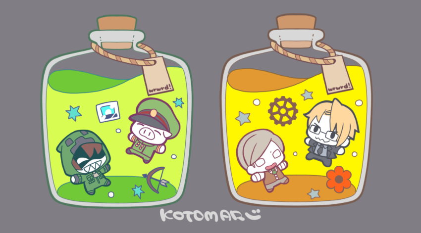 4boys, arrow_(projectile), black_jacket, black_necktie, black_pants, blonde_hair, bottle, bow_(weapon)