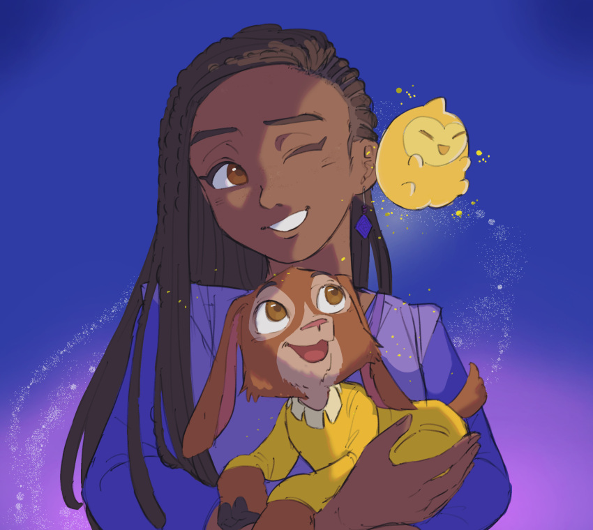 1girl, animal, asha_(wish_(disney)), blue_background, brown_eyes, brown_hair, d18_45, dark-skinned_female