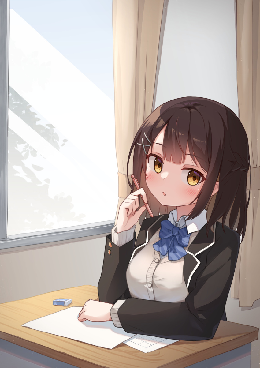 1girl, absurdres, black_jacket, blazer, blue_bow, blue_bowtie, blush, bow