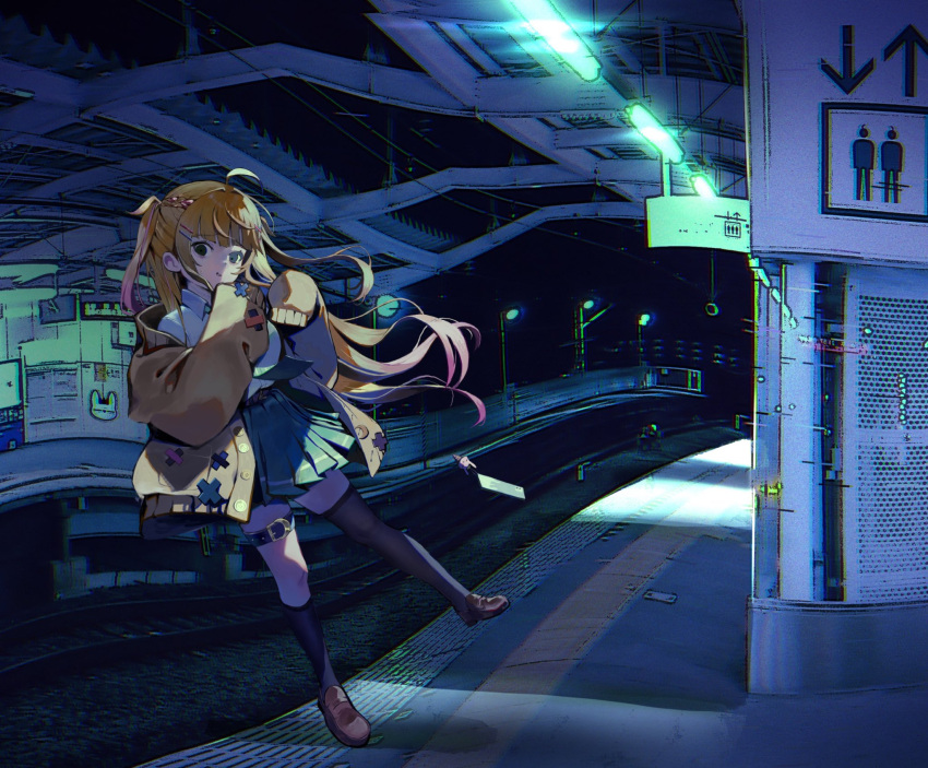 1girl, ahoge, arrow_(symbol), bags_under_eyes, belt, black_socks, black_thighhighs, blue_skirt
