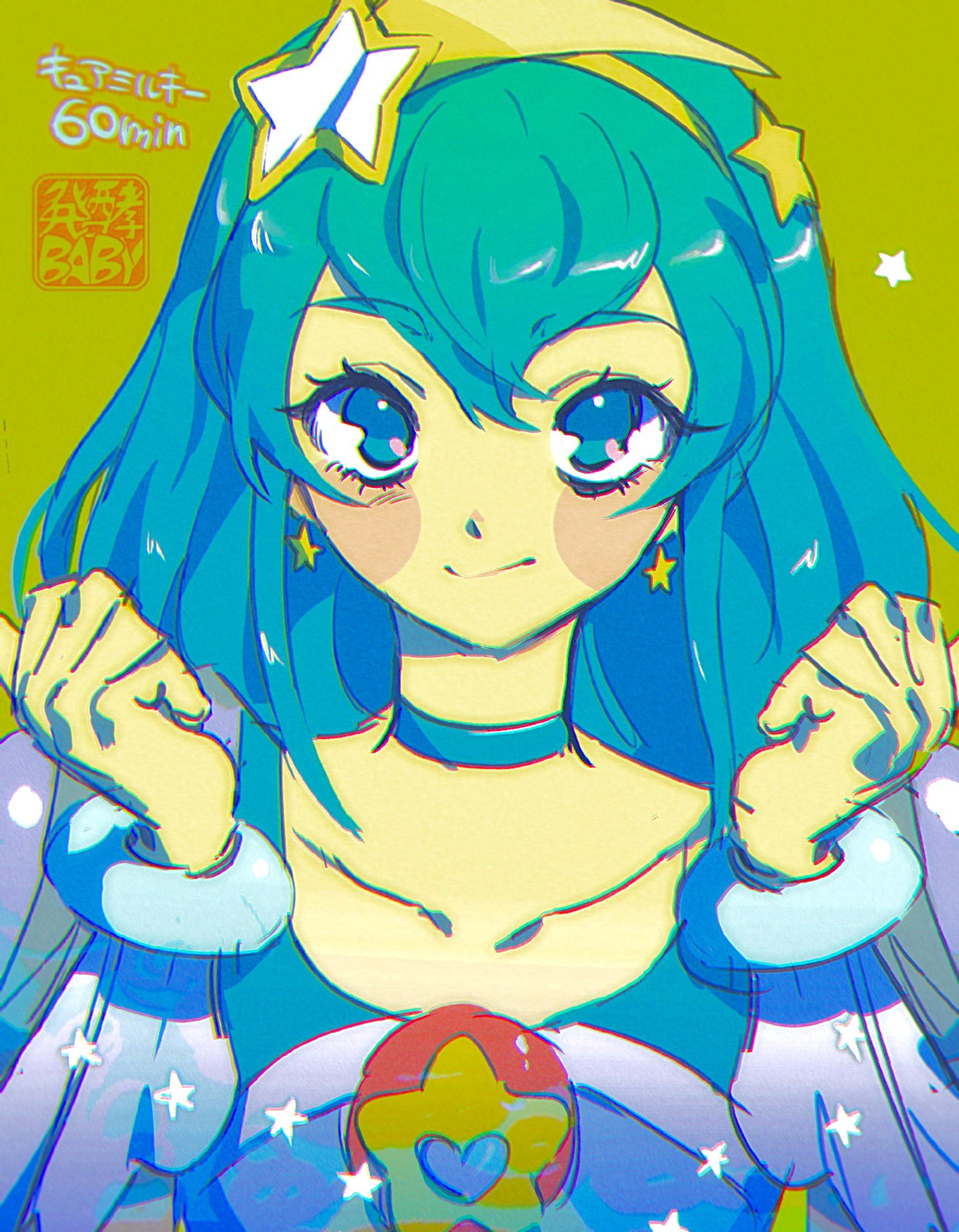 1girl, artist_logo, babibu_baby, blue_choker, blue_eyes, blue_hair, blue_shirt, bracelet