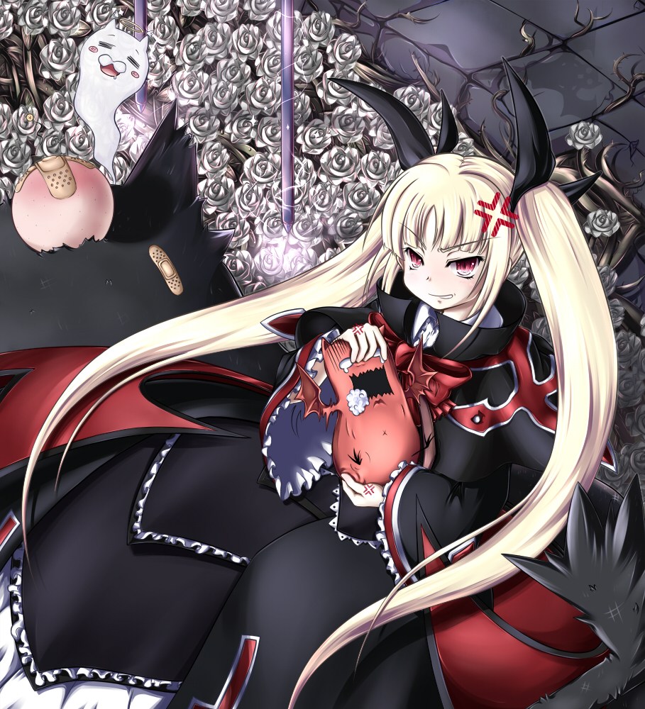 angry, bandaid, blazblue, blonde_hair, dress, flower, foaming_at_the_mouth, gii