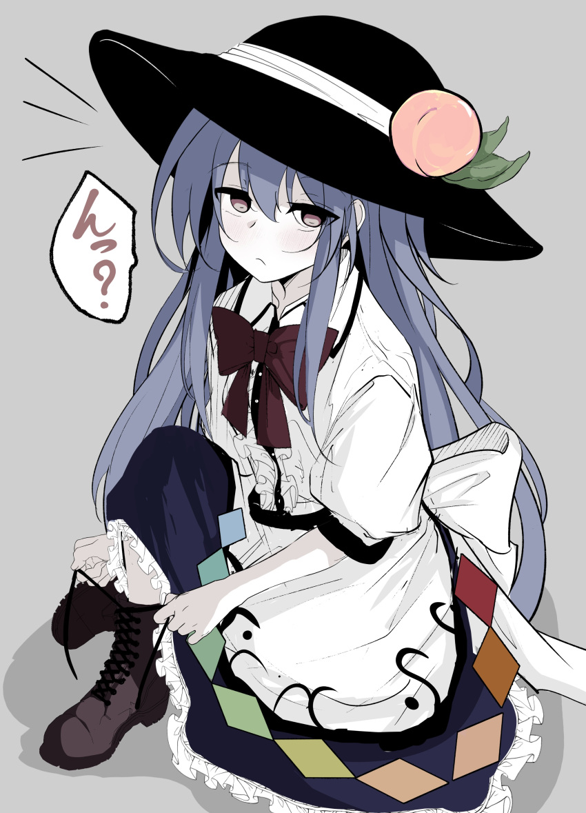 1girl, ?, absurdres, blue_hair, blue_skirt, boots, brown_footwear, frilled_skirt