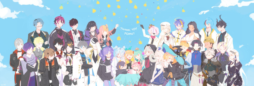 >_<, 6+boys, 6+girls, :<, ^_^, aia_amare, alban_knox, aqua_bow, aqua_dress, aster_arcadia, black_hair, black_headwear, black_jacket, blonde_hair, blowing_nose, blue_background, blue_hair, blunt_bangs, bow, breadloaver, brown_hair, character_name, character_request, check_character, claude_clawmark, closed_eyes, clouds, crossed_arms, crown, doppio_dropscythe, dress, elira_pendora, english_text, enna_alouette, everyone, eyepatch, finana_ryugu, fulgur_ovid, glasses, grey_hair, head_wings, hex_haywire, highres, horns, hug, ike_eveland, jacket, kotoka_torahime, kunai_nakasato, kyo_kaneko, long_hair, luca_kaneshiro, maria_marionette, meloco_kyoran, millie_parfait, multiple_boys, multiple_girls, nijisanji, nijisanji_en, open_clothes, open_jacket, outdoors, petra_gurin, pink_hair, pomu_rainpuff, pomudachi_(pomu_rainpuff), purple_hair, purple_jacket, redhead, reimu_endou, ren_zotto, rosemi_lovelock, scarle_yonaguni, selen_tatsuki, short_hair, shu_yamino, sleeveless, sleeveless_dress, smile, sonny_brisko, standing, thank_you, uki_violeta, vantacrow_bringer, vezalius_bandage, victoria_brightshield, vox_akuma, white_headwear, white_jacket, wide_shot, wings