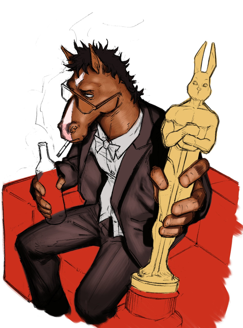 1boy, black_suit, bojack_horseman, bojack_horseman_(series), bottle, bow, bowtie, cigarette