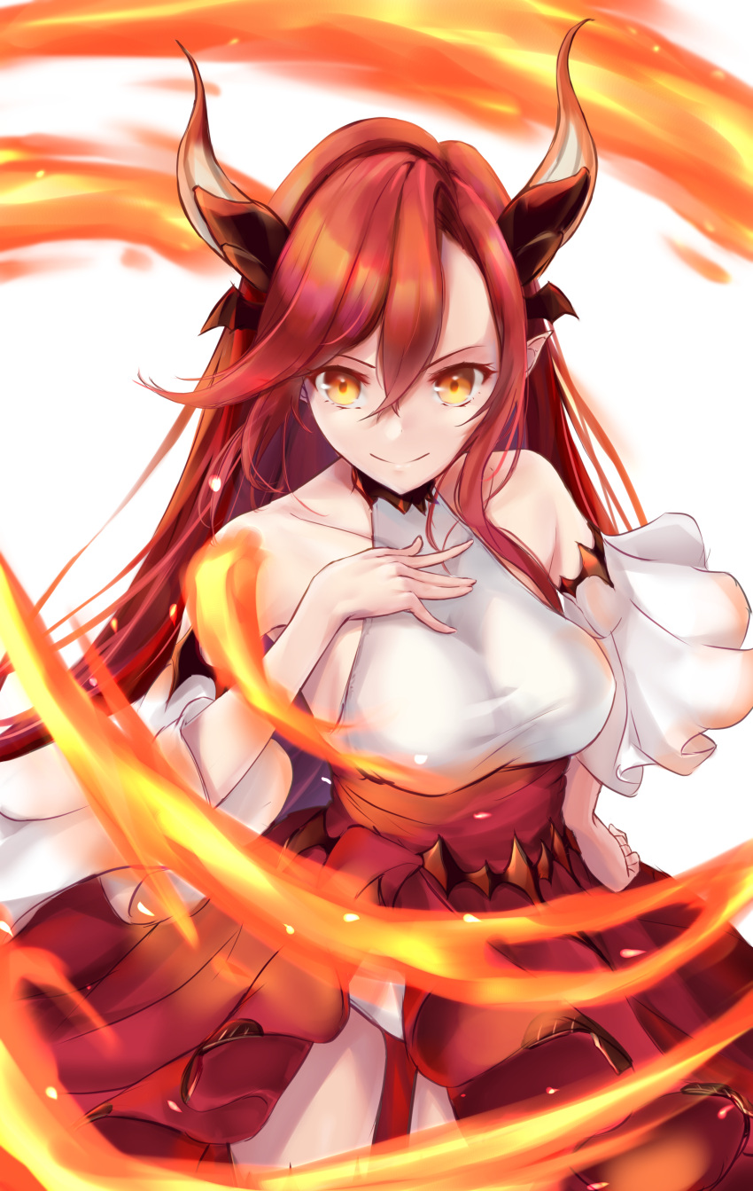 1girl, absurdres, breasts, closed_mouth, detached_sleeves, dragon_horns, dress, eyebrows_hidden_by_hair, fire, hair_between_eyes, hand_on_own_chest, highres, horns, large_breasts, leotard, long_hair, orange_eyes, red_dress, redhead, smile, soanote, solo, tania_(beast_tamer), upper_body, very_long_hair, white_leotard, yuusha_party_wo_tsuihou_sareta_beast_tamer_saikyoushu_no_nekomimi_shoujo_to_deau