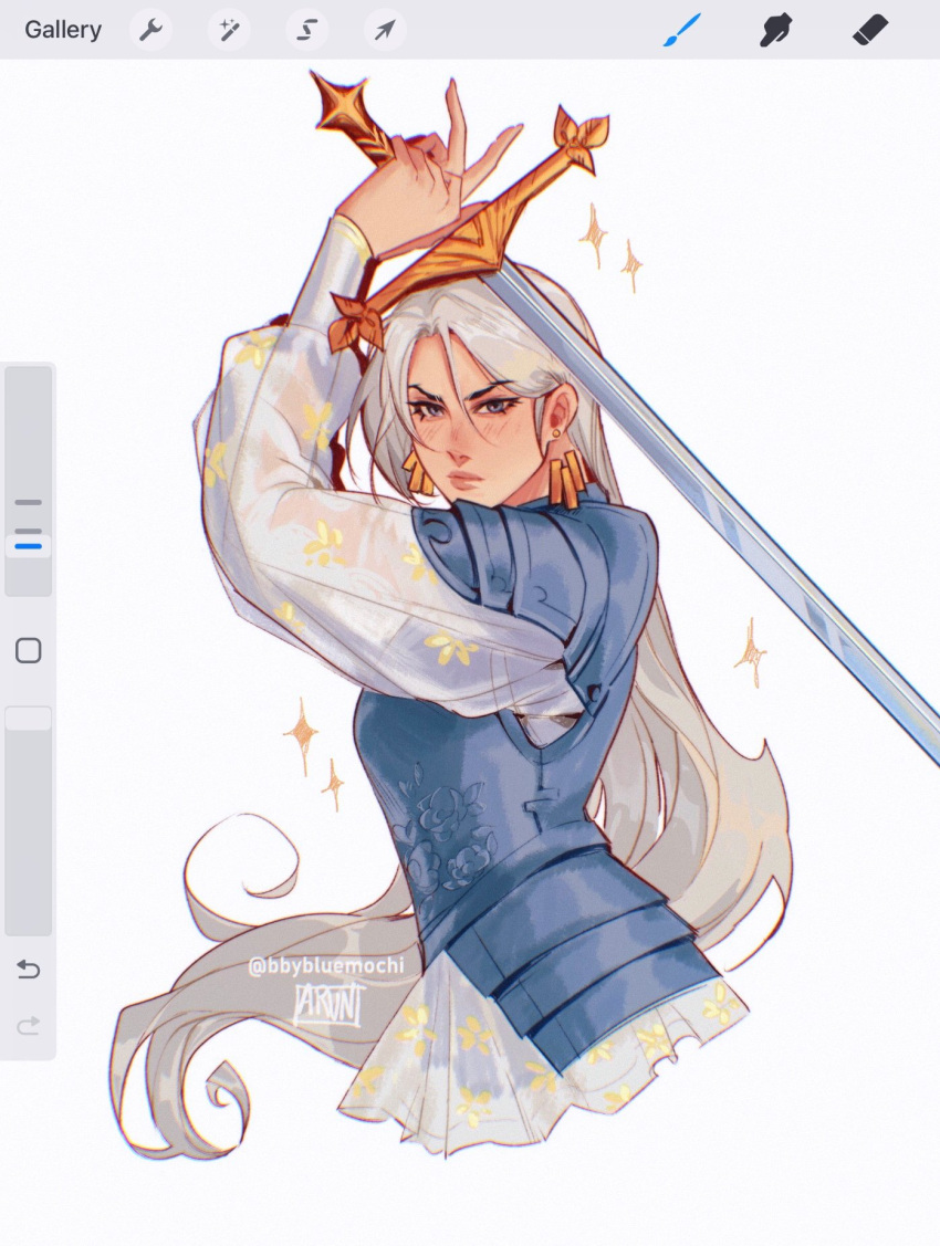1girl, armor, arms_up, art_program_in_frame, artist_name, bbybluemochi, blue_eyes, blush