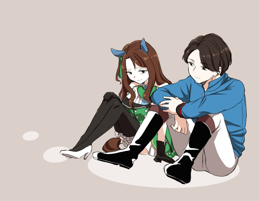 1boy, 1girl, animal_ears, blue_shirt, bow, brown_hair, dress, ear_covers