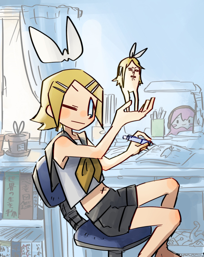 1girl, :/, bedroom, black_sailor_collar, black_shorts, blonde_hair, blue_eyes, blush