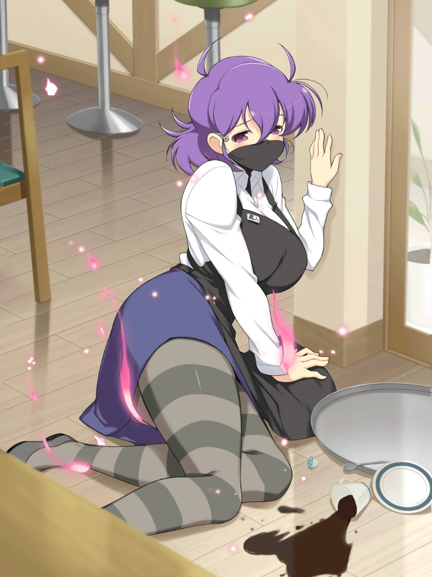 1girl, accident, against_wall, ahoge, apron, bar_stool, barista, black_apron