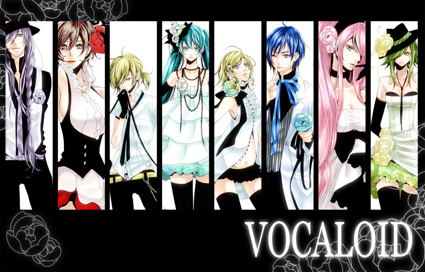 aqua_hair, blonde_hair, blue_eyes, blue_hair, brown_eyes, brown_hair, column_lineup, dress, flower, formal, frills, gathers, green_eyes, green_hair, gumi, hair_flower, hair_ornament, hairband, haruma_(high_drop), hat, hatsune_miku, highres, kagamine_len, kagamine_rin, kaito, kamui_gakupo, long_hair, megurine_luka, meiko, pink_hair, purple_hair, short_hair, smile, thighhighs, twintails, very_long_hair, vocaloid, white_dress