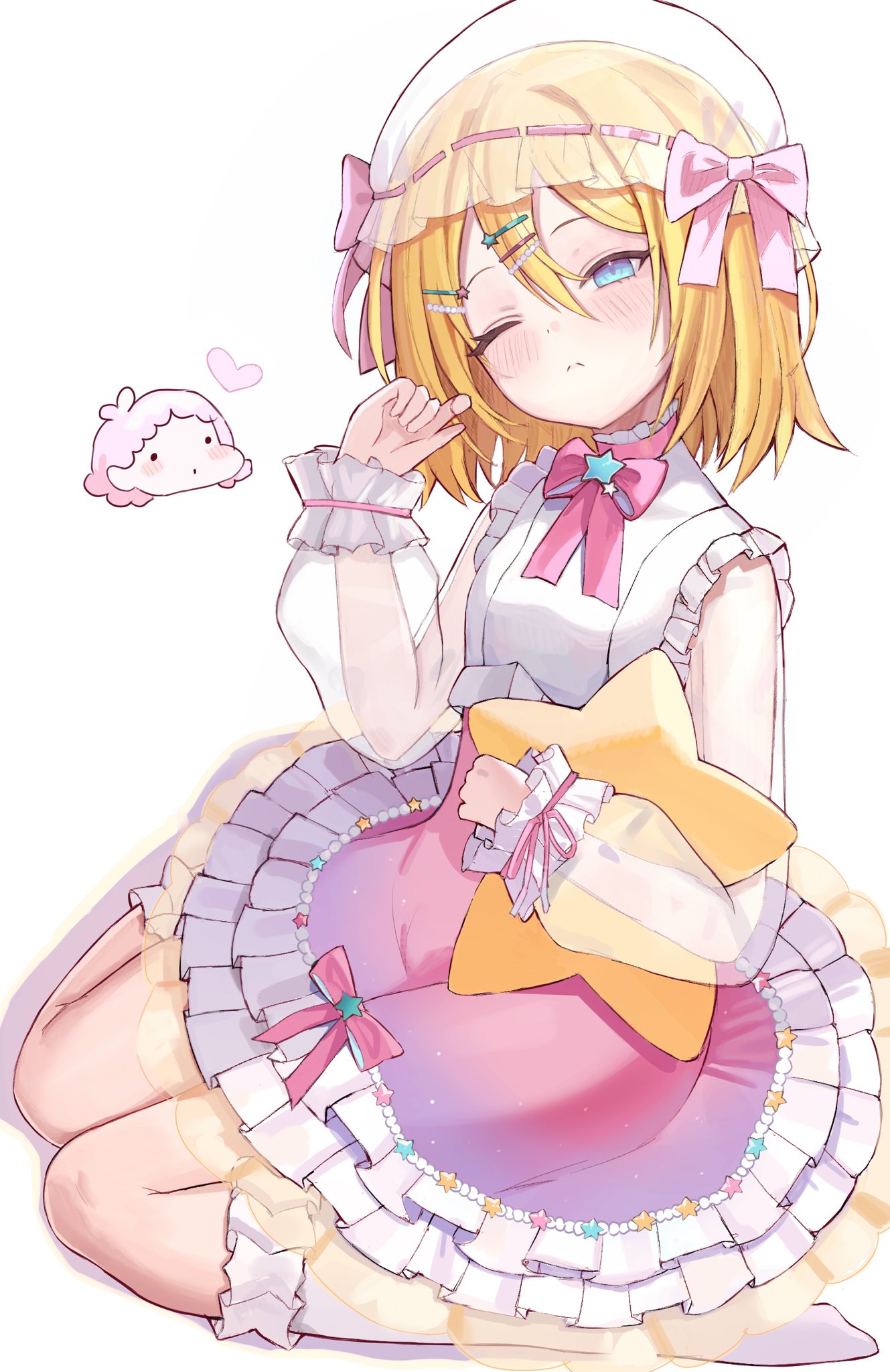 2girls, :<, aqua_eyes, blue_eyes, blush, breasts, chibi, cropped_shirt, dress, elpuchi, frilled_cuffs, frilled_dress, frilled_shirt_collar, frilled_socks, frills, hair_ornament, hairclip, half-closed_eye, hat, head_only, head_tilt, highres, holding, holding_stuffed_toy, kagamine_rin, lala_(little_twin_stars), little_twin_stars, multiple_girls, neck_ribbon, nightcap, one_eye_closed, pearl_hair_ornament, pink_dress, pink_now, project_sekai, ribbon, ribbon-trimmed_headwear, ribbon_trim, sanrio, see-through, see-through_headwear, see-through_sleeves, seiza, sitting, skinny, sleepy, small_breasts, socks, star_(symbol), star_hair_ornament, stuffed_star, stuffed_toy, vocaloid, white_socks