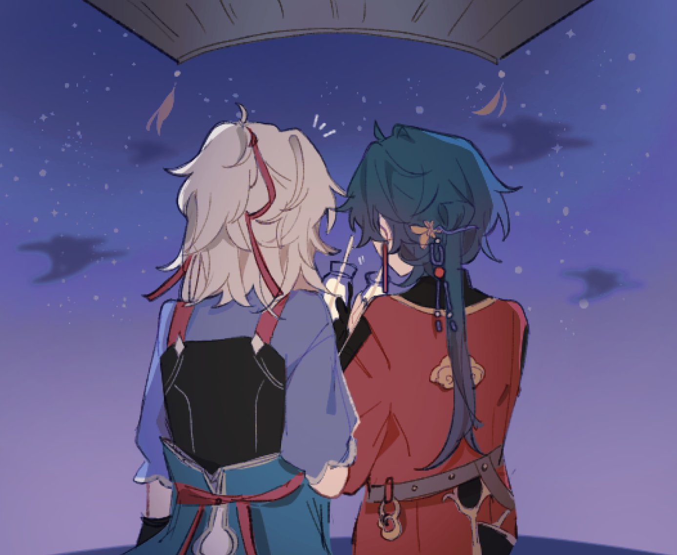2boys, arm_at_side, artisanship_commission_uniform_(honkai:_star_rail), belt, black_gloves, blue_hair, blue_shirt, bottle