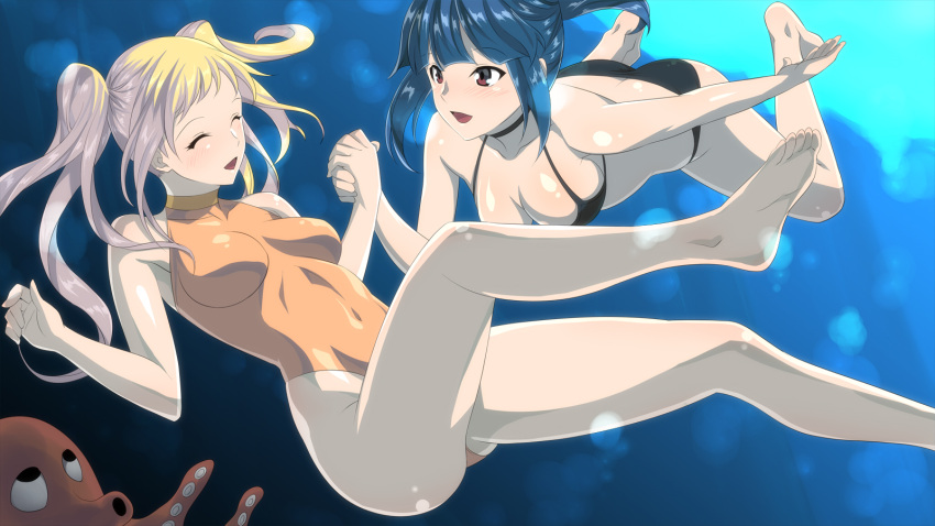 barefoot, bikini, black_eyes, blonde_hair, blue_hair, closed_eyes, feet, freediving