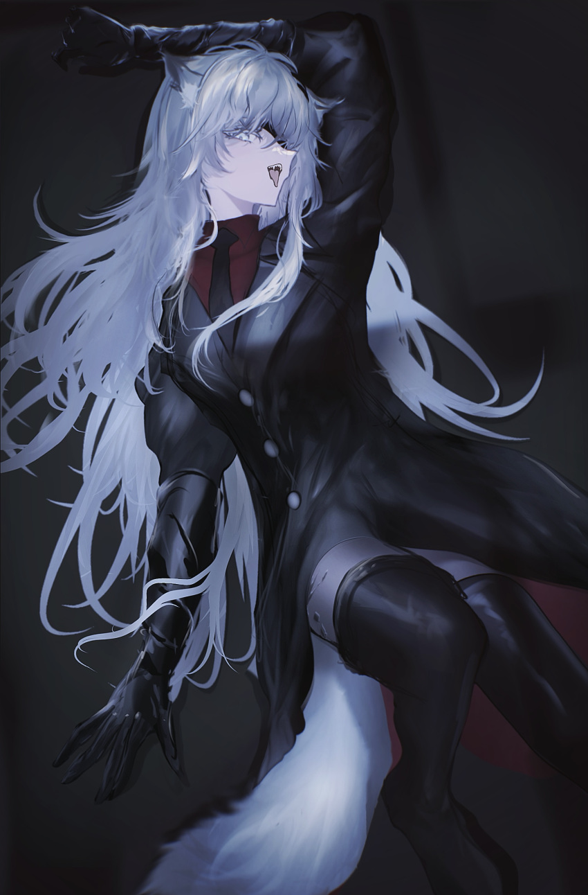 1girl, absurdres, alternate_costume, animal_ear_fluff, animal_ears, arknights, arm_rest, arm_up, black_coat, black_footwear, black_gloves, black_necktie, blurry, boots, breasts, bright_pupils, buttons, coat, commentary, dark, dress_shirt, dutch_angle, eyepatch, floor, foot_out_of_frame, from_above, gloves, grey_eyes, grey_hair, grey_tail, hair_between_eyes, hair_spread_out, highres, indoors, knee_boots, knee_up, lapels, lappland_(arknights), long_hair, long_sleeves, lying, mebe_(teadia_violet), medium_breasts, messy_hair, necktie, notched_lapels, on_back, on_floor, open_hand, open_mouth, oripathy_lesion_(arknights), pale_skin, profile, puffy_long_sleeves, puffy_sleeves, red_shirt, revision, shadow, sharp_teeth, shirt, sideways_mouth, solo, tail, teeth, thighs, tongue, tongue_out, turning_head, two-sided_coat, two-sided_fabric, upper_teeth_only, very_long_hair, white_pupils, window_shade, wing_collar, wolf_ears, wolf_girl, wolf_tail