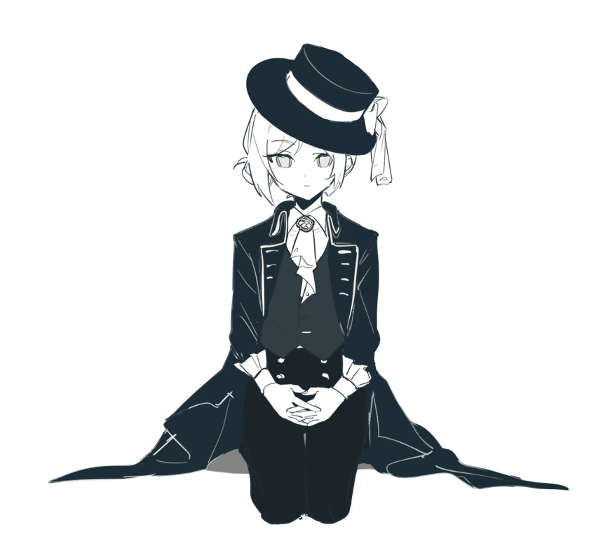 1girl, ascot, brooch, collared_coat, collared_shirt, commentary, expressionless, greyscale