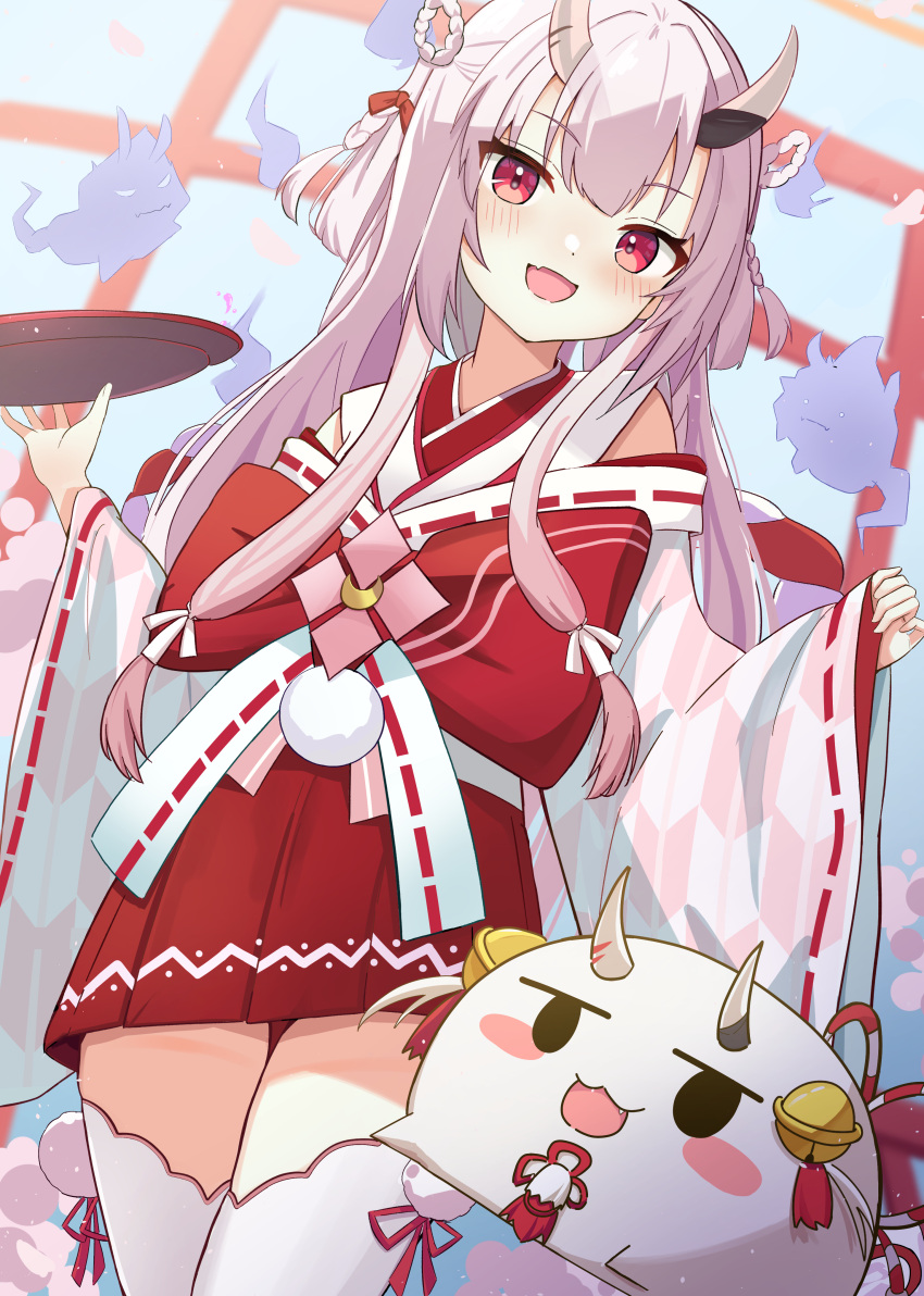 1girl, absurdres, bell, blush, commentary_request, cowboy_shot, fang, front_bow