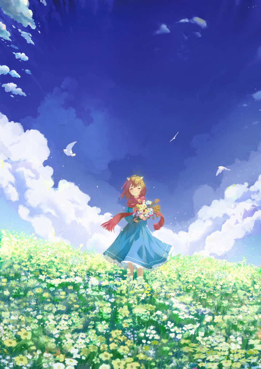 1girl, ^_^, absurdres, ahoge, antlers, bird, blue_dress, blue_flower