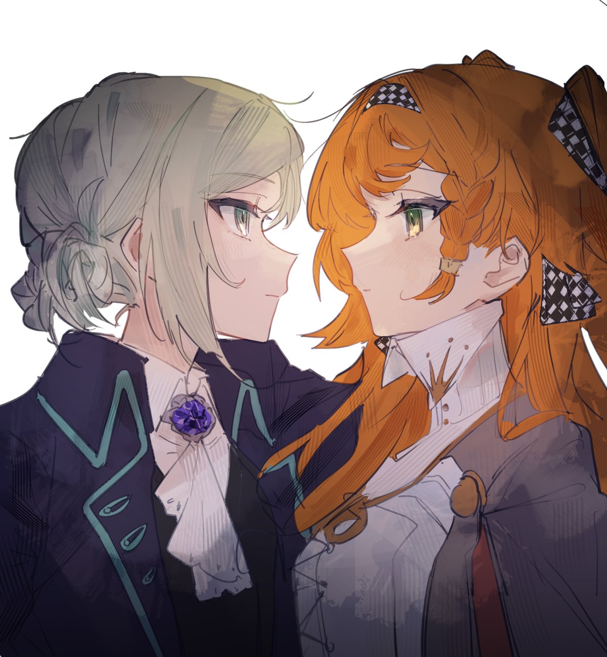 2girls, ascot, black_coat, black_vest, braid, checkered_hairband, closed_mouth, coat