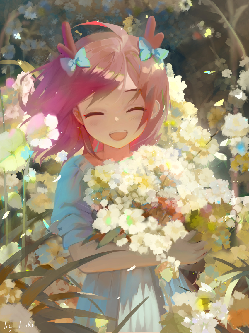 1girl, :d, ^_^, absurdres, antlers, aqua_bow, blush, bouquet