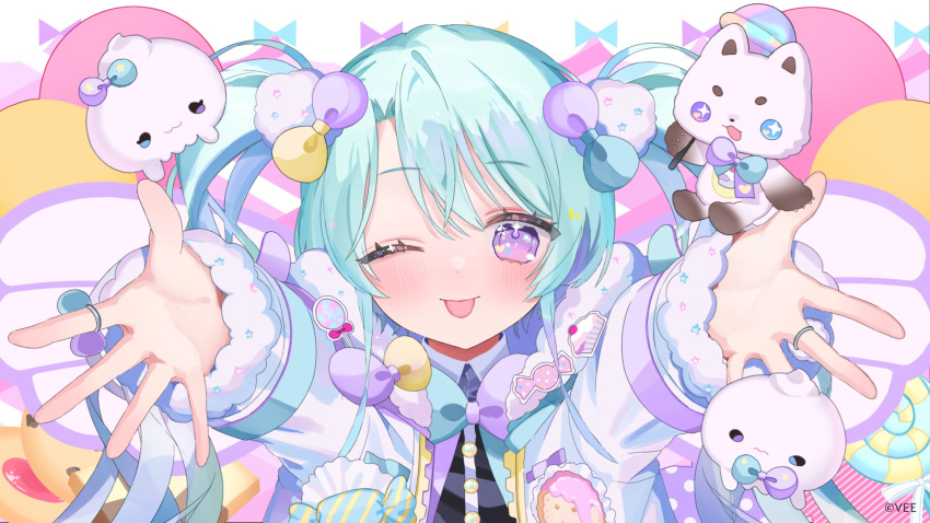 1girl, ;p, aqua_hair, asa_going, blush, bow, commentary_request, hair_bobbles